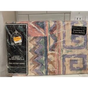 Vintage Crown Crafts Sirocco King Fitted Sheet 1990s Abstract Southwest New